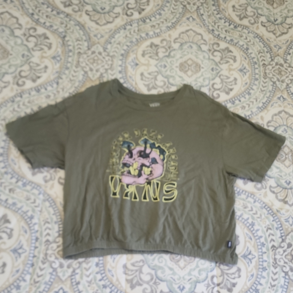Vans Olive Graphic Crop Tee with Pink Accent
